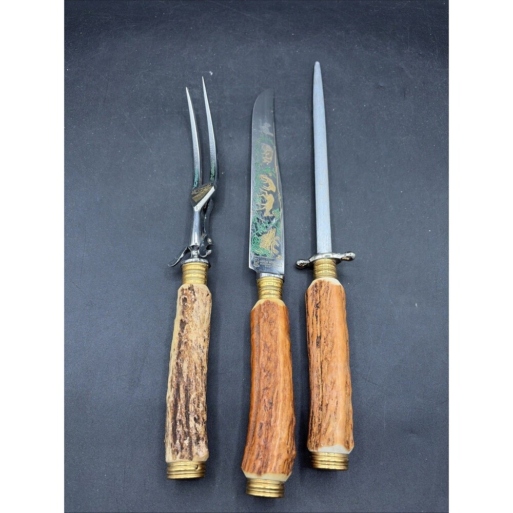 Anton Wingen Jr Solingen Stag Handled Carving Knife Set German Rotisserie Deer